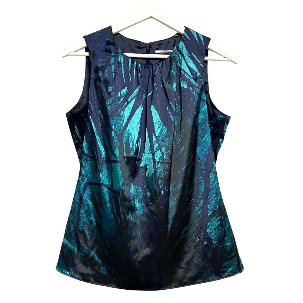 Tahari Ingrid Blouse Womens S Blue Teal Abstract Pleated Sleeveless Satin Office
